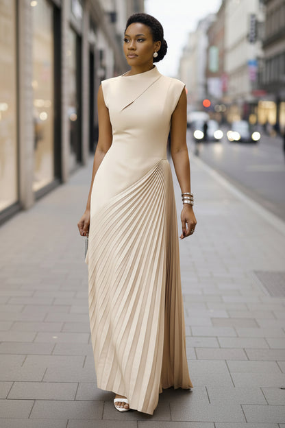 High Waisted Sleeveless Asymmetric Pleated Solid Color Mock Neck Maxi Dresses