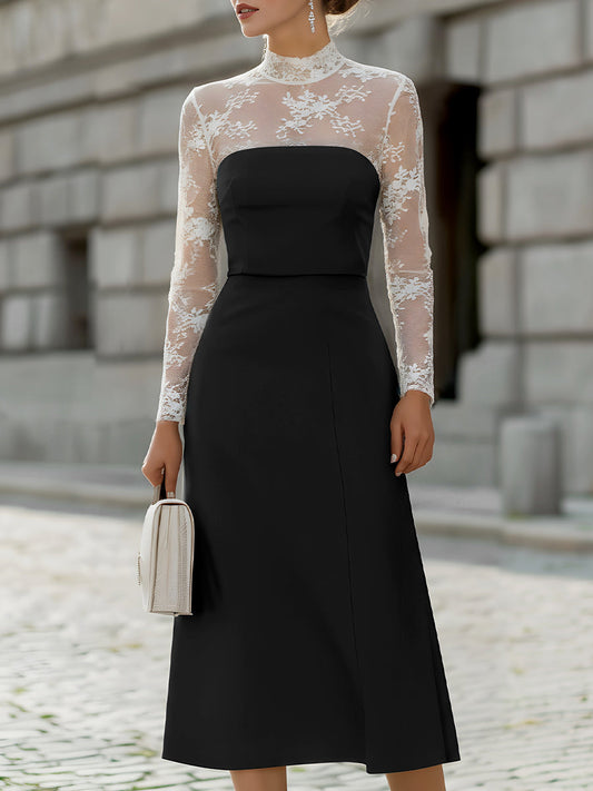 Sheer Lace High-Neck Overlay Midi Dress