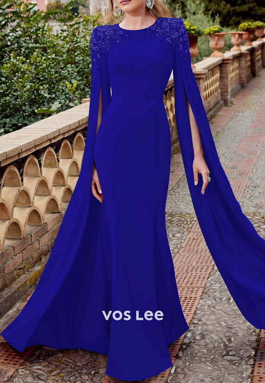 Scoop Floor-Length Mermaid Beaded Long Sleeve Mother of Bride Dresses