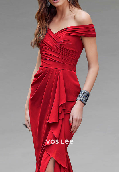 Red Off the Shoulder Pleated Mermaid Mother of Bride Dresses with High Split