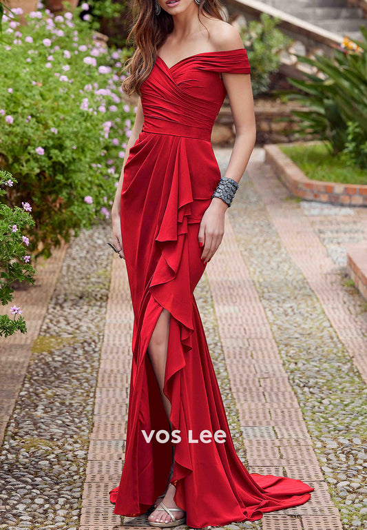 Red Off the Shoulder Pleated Mermaid Mother of Bride Dresses with High Split