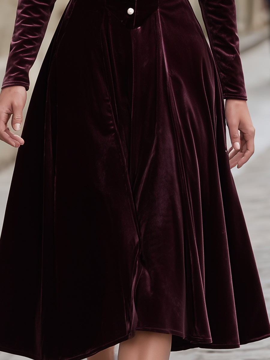 VOS LEE Burgundy Velvet Corset Midi Dress