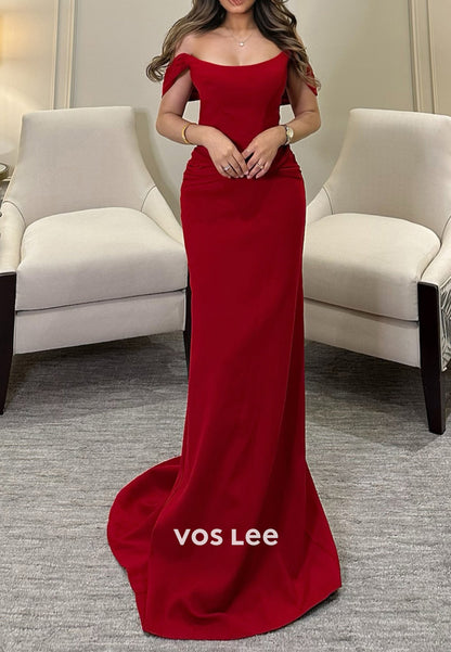 Gorgeous & Charming Off the Shoulder Pleated Sheath Evening Dresses with Sweep Train