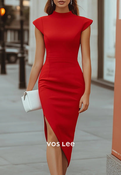 Red High Neck Tea-Length Pleated Mermaid Wedding Guest Dresses Party Dresses