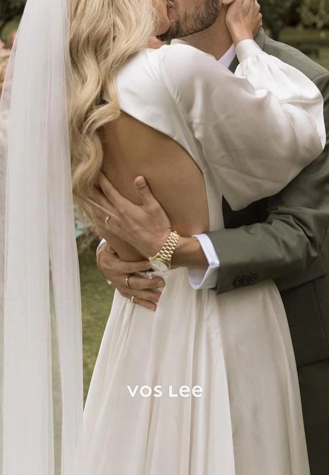 Couture Long Sleeve V Neck Backless Pleated Sheath Wedding Dresses with Sweep Train