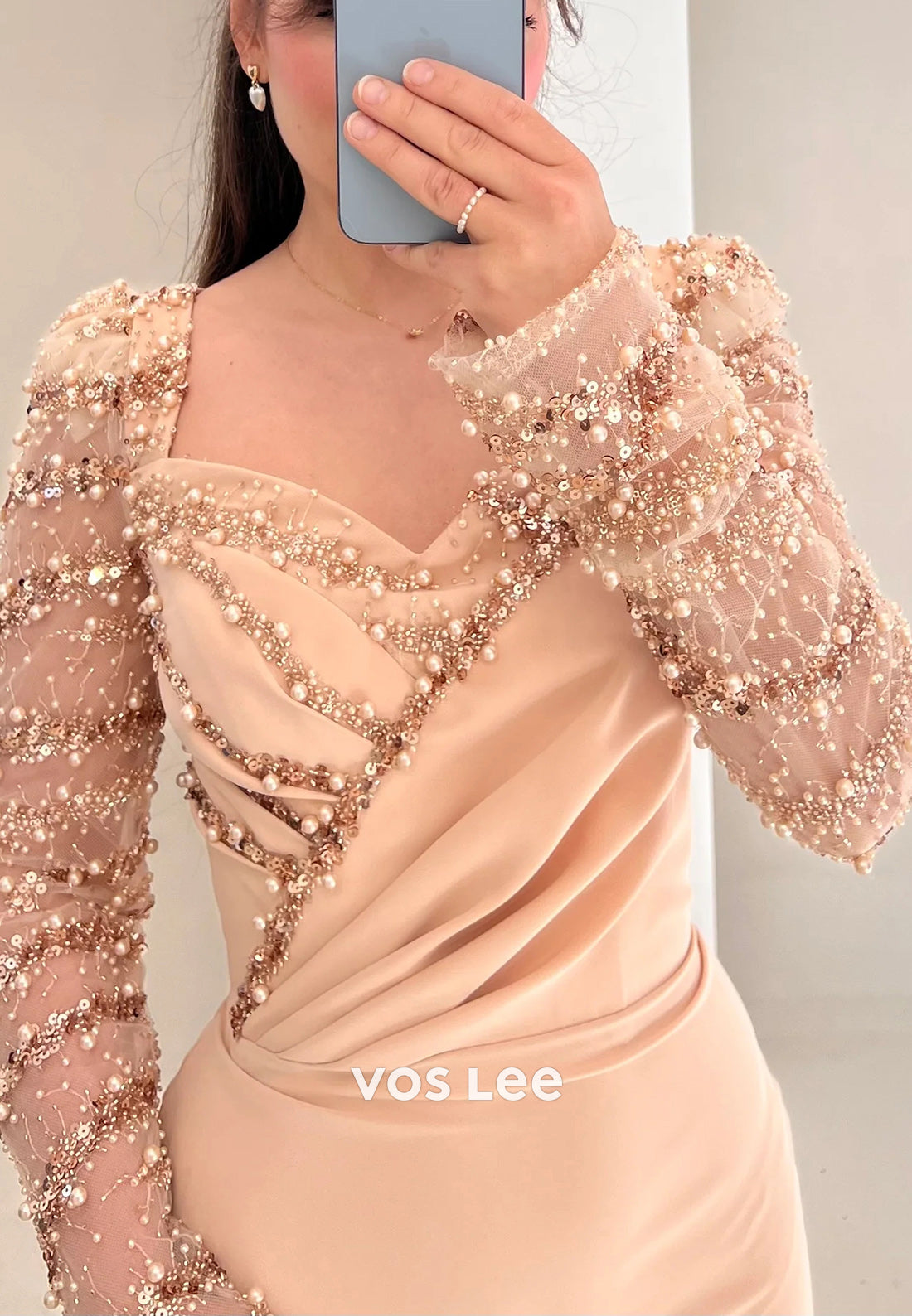 Classic Long Sleeve Sweetheart Beading Floor-Length Pleated Evening Dresses with Split