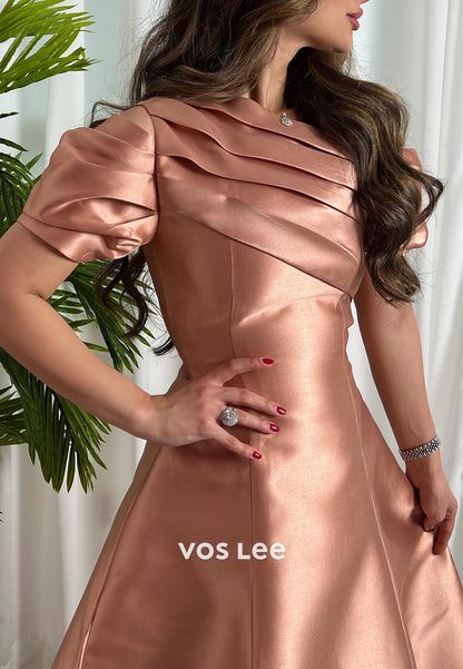 Short Sleeve Asymmetrical Neck Ankle-Length Pleated Evening Dresses