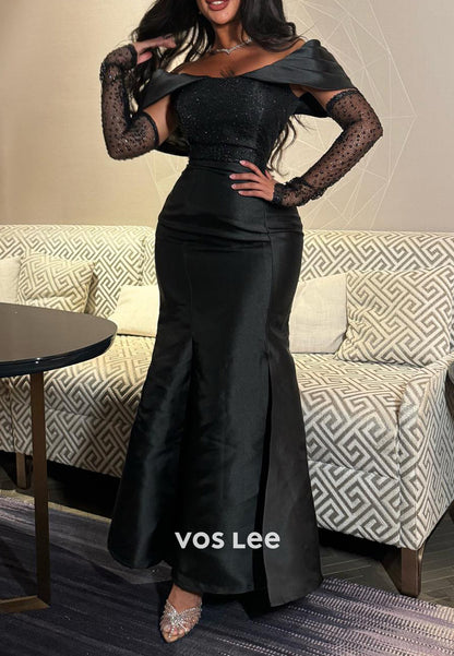 Long Sleeve Off the Shoulder Floor-Length Pleated Mermaid Evening Dresses