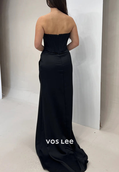 Strapless Sweetheart Rhinestone Pleated Mermaid Evening Dresses with Sweep Train