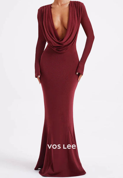 Sexy  Long Sleeve Burgundy V Neck Pleated Mermaid Floor-Length Evening Dresses