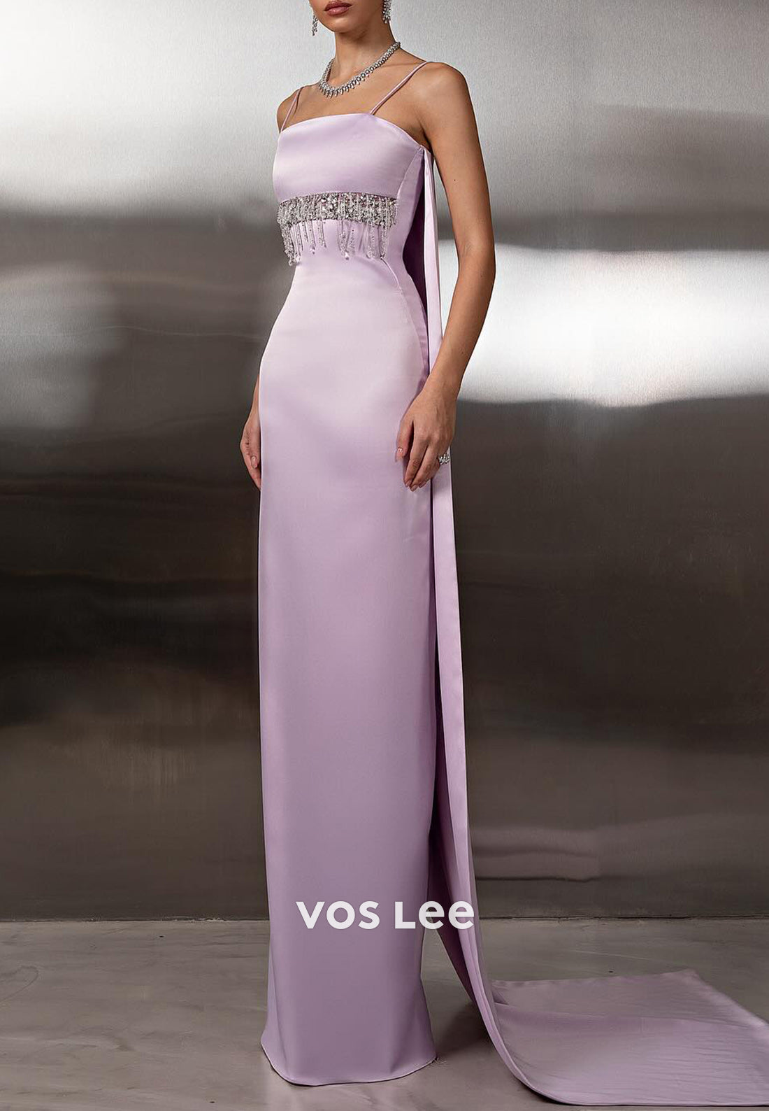 Spaghetti Straps Square Bead-Fringed Rhinestone Sheath Prom Dresses