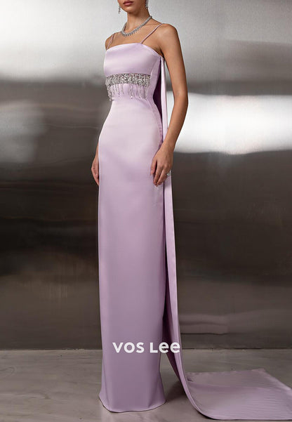 Spaghetti Straps Square Bead-Fringed Rhinestone Sheath Prom Dresses