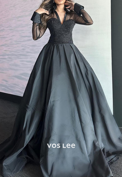 Classic & Simple A-Line Long Sleeve Illusion Neck Pleated Evening Dresses with Court Train