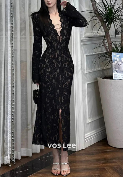 Long Sleeve V Neck Appliques Lace Ankle-Length Sheath Evening Dresses with High Split