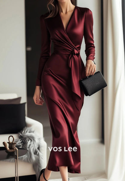 Long Sleeve V Neck Ankle-Length Pleated Sheath Wedding Guest Dresses Party Dresses