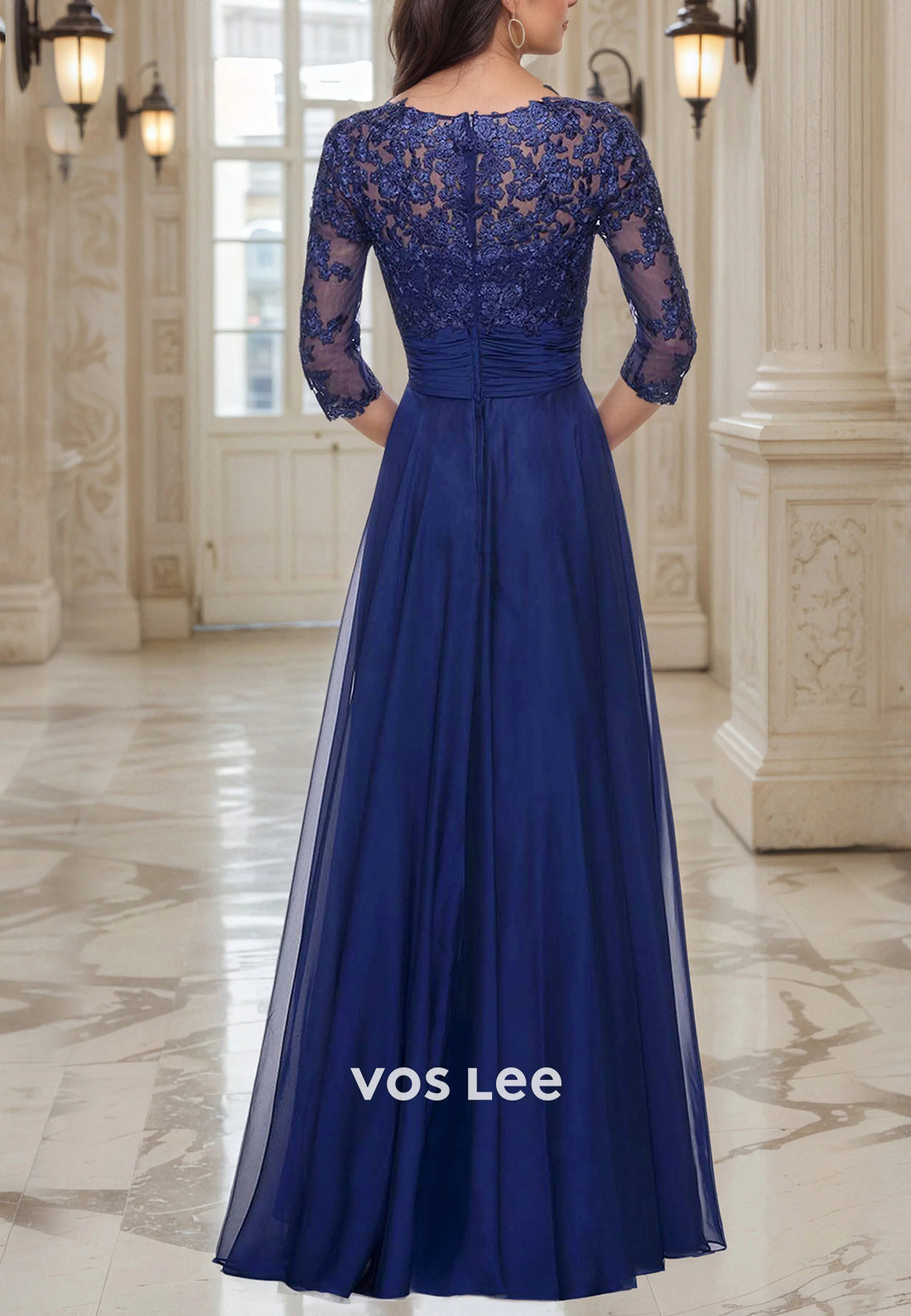 A-Line V Neck 3/4 Sleeve Appliques Lace Pleated Floor-Length Mother of Bride Dresses