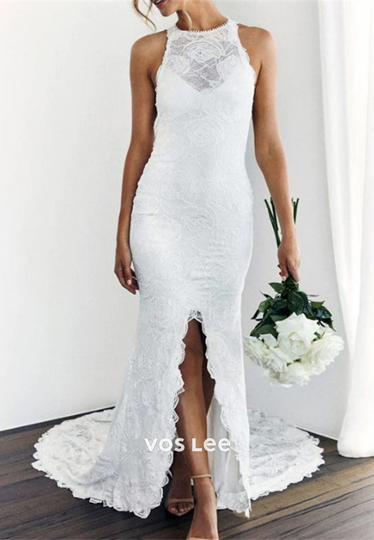 Classic Halter Appliques Lace Split Pleated Mermaid Wedding Dresses with Sweep Train
