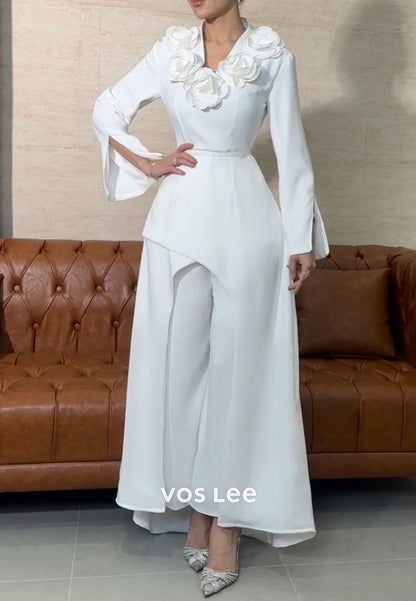 Long Sleeve V Neck Floral Embellished Pleated Jumpsuit Evening Dresses