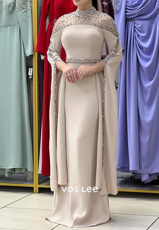 Long Sleeve Illusion Neck Rhinestone Embellished Floor-Length Mermaid Evening Dresses