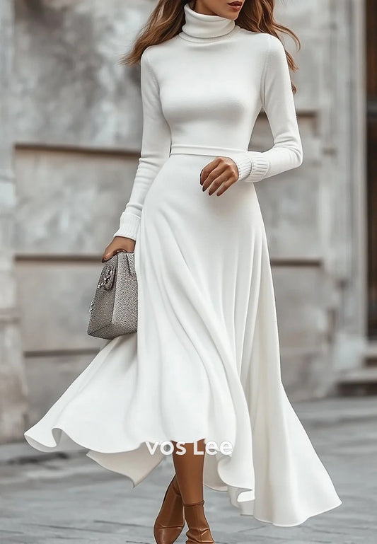 Couture & Ornate  A-Line Long Sleeve High Neck Ankle-Length Wedding Guest Dresses