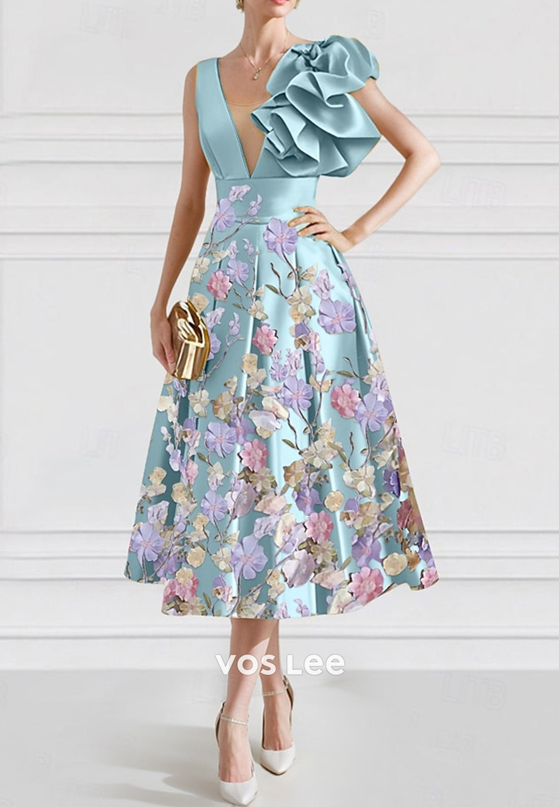 A-Line Plunging V Neck Tea-Length Appliqued Pleated Evening Dresses