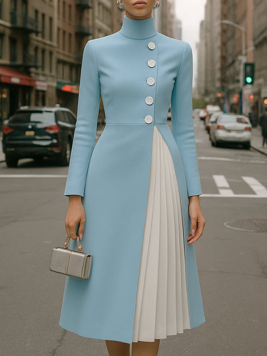Elegant High-Neck Pleated Panel Midi Dress