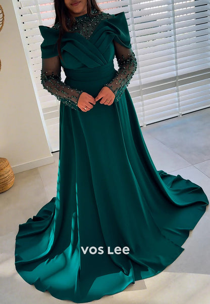 Simple & Casual A-Line Long Sleeve pleats High Neck Evening Dresses with Court Train