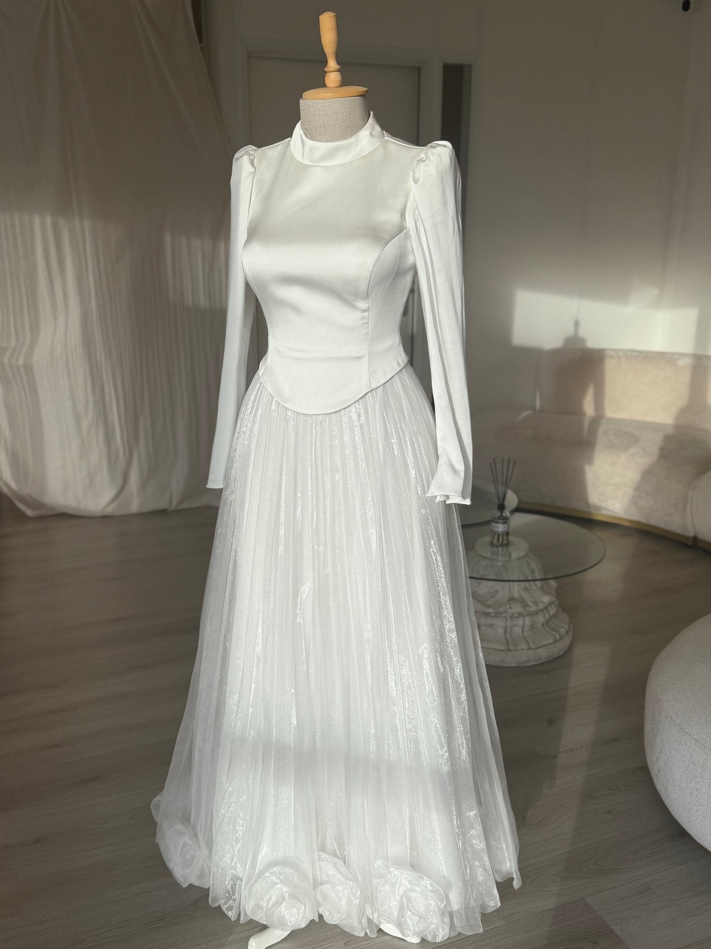 High Neck Long Sleeve Satin Top Pleated Chiffon  Formal Dress
