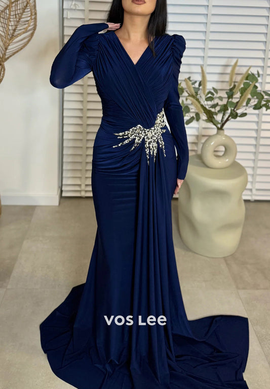 Gorgeous Long Sleevees V Neck Rhinestone Pleated Mermaid Evening Dresses