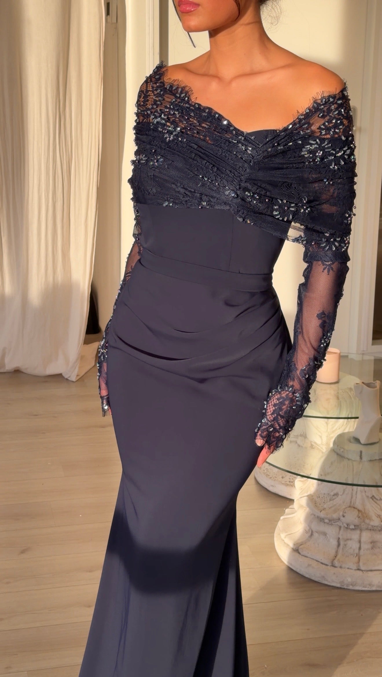 Brown Off Shoulder Long Sleeve Sequin Tassel Mermaid Evening Gown