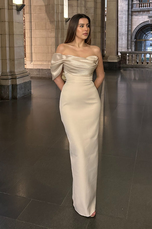Ivory Off Shoulder Draped Satin Sheath Evening Gown with Cowl Neckline