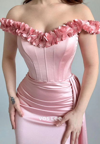 Off the Shoulder Floral Embellished Floor-Length Pleated Mermaid Evening Dresses
