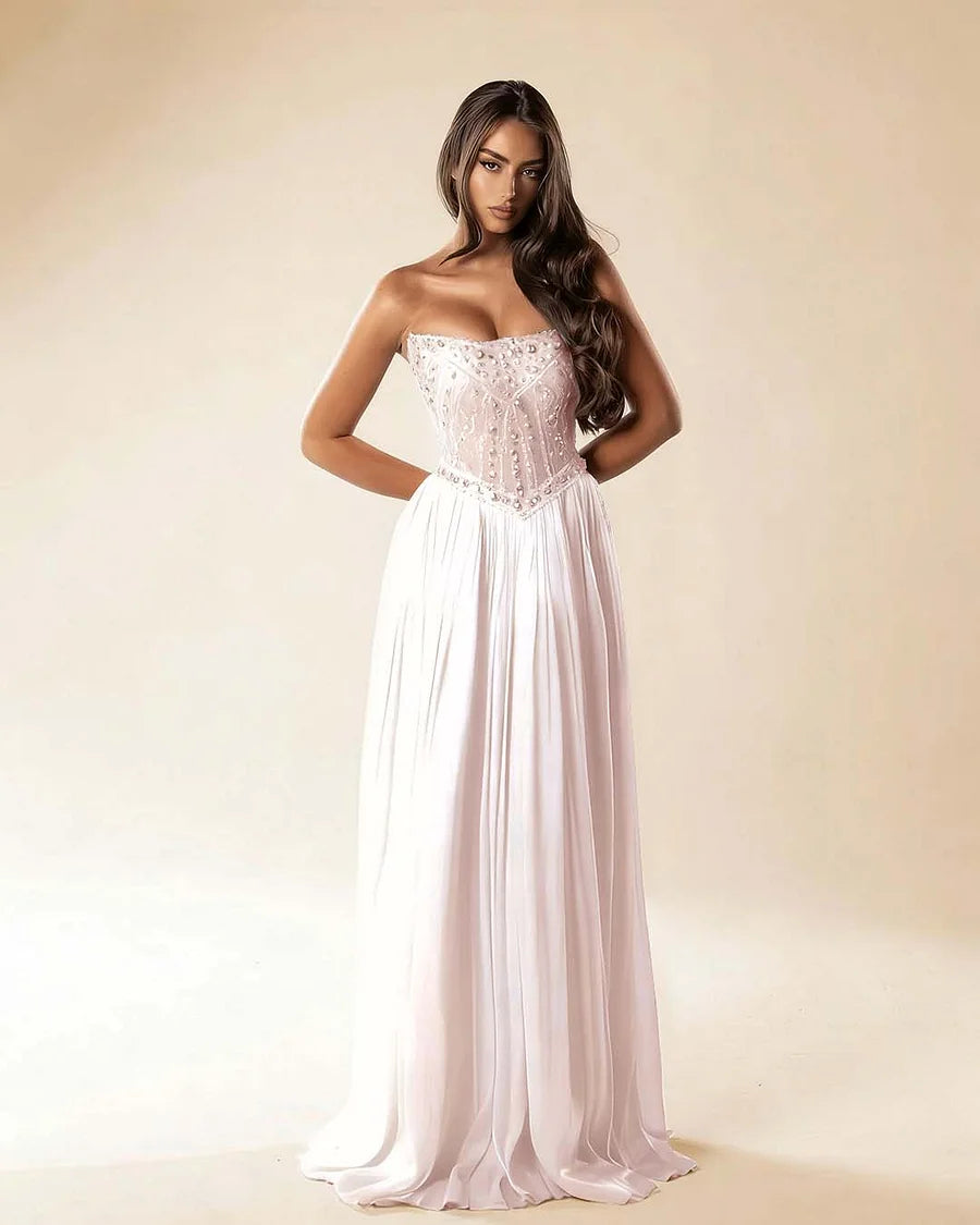 Strapless Sleeveless Long Pleated A-Line Prom Dress With Beadings And Rhinstone
