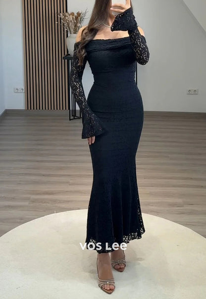 Sexy & Hot Bell Sleeves Off the Shoulder Appliques Lace Pleated Mermaid Evening Dresses