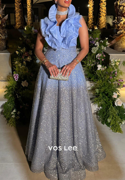 Sparkle & Shine A-Line Halter Pleated Long  Evening Dresses with Sweep Train