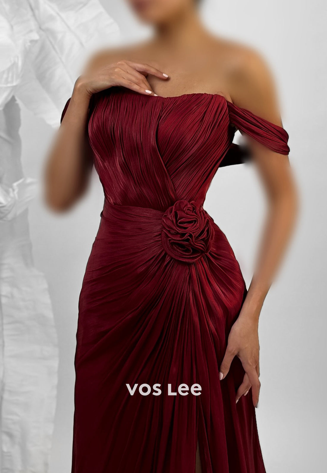 Burgundy Off the Shoulder Pleated Sheath Prom Dresses with Sweep Train