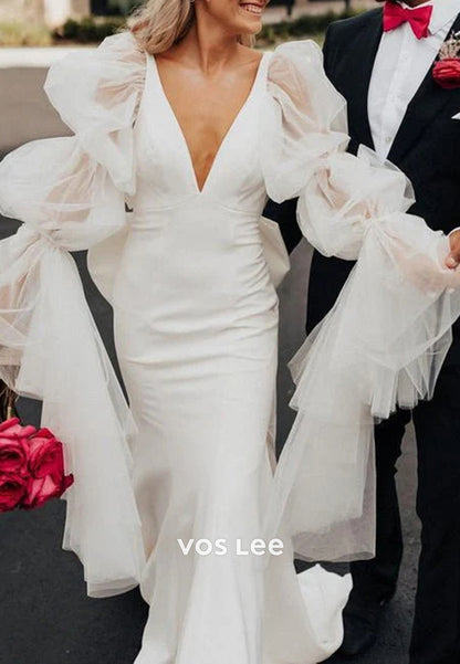 Plunging V Neck Bell Sleeves Bowknot Pleated Mermaid Wedding Dresses with Court Train
