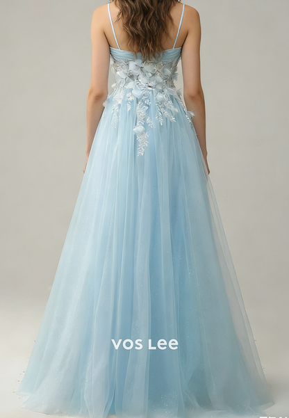 Spaghetti Straps A Line Blue Tulle Long Prom Dresses With Flowers Appliques
