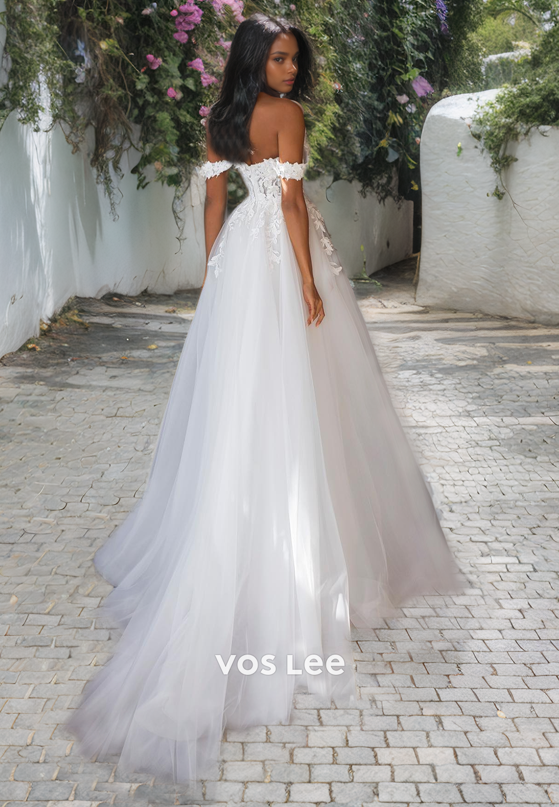 Boho A-Line Off-shoulder Tulle Wedding Dress/Beach Wedding Dress with High Slit