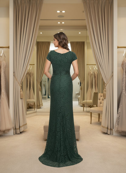 V-Neck Lace Cap Sleeves Dark Green Sheath Floor Length Mother Of The Bride Dress