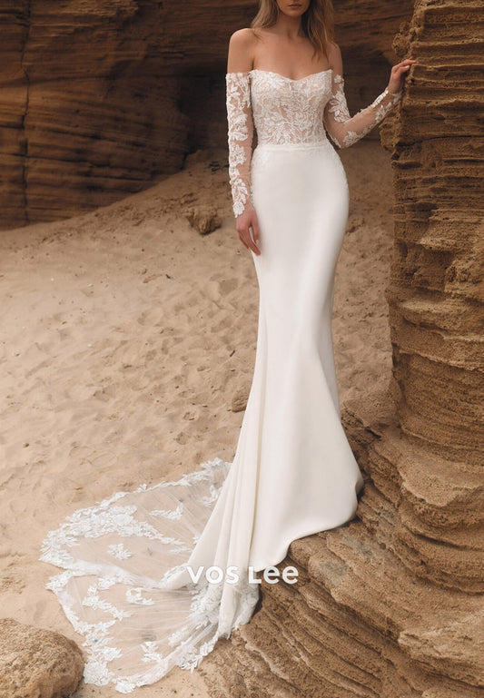 White & Ivory Long Sleeve Sequins Appliques Lace Mermaid Beach Wedding Dresses