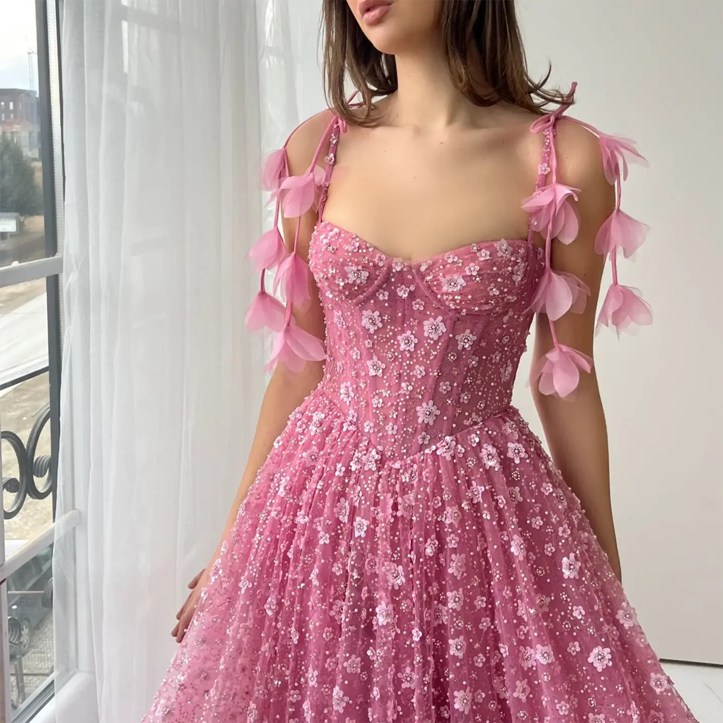 Delicate Pink 3D Floral Spaghetti Evening Dress