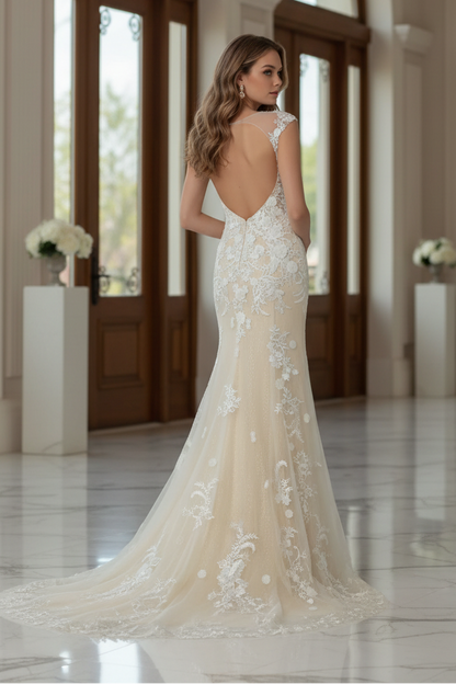 White Champagne Mermaid Sweetheart Sequins Tulle Wedding Dress