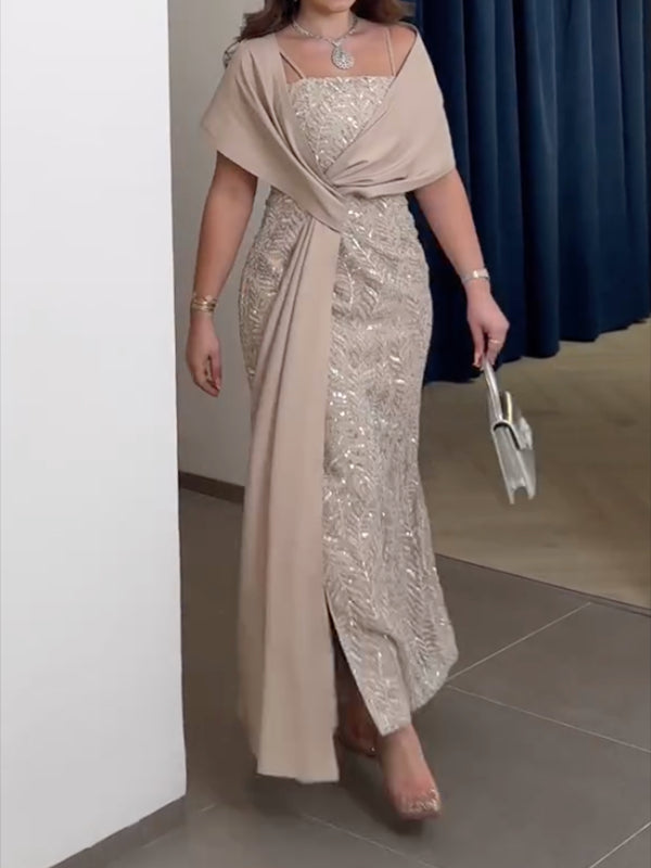 Elegant Sequin Evening Gown | Draped Capelet Formal Dress with Slit