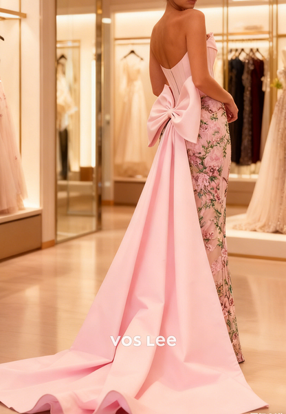 Pink Strapless Embroidery Floor-Length Column Prom Dress With Bowknot