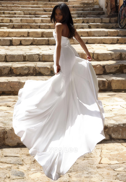 A-Line V-Neck Beaded Satin Wedding Dress with High Slit