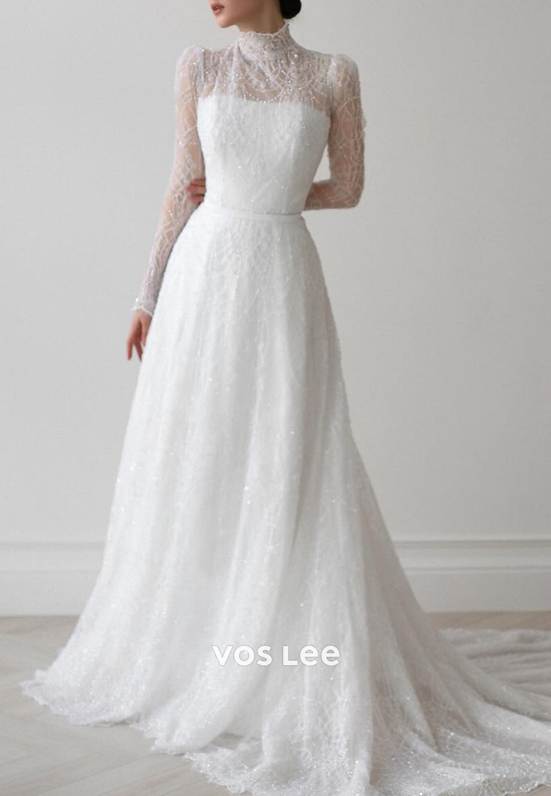 Long Sleeve High Neck Beaded Embellished Wedding Dresses with Court Train