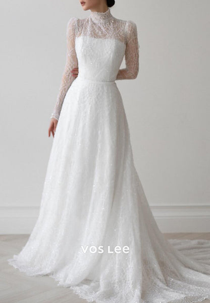 Long Sleeve High Neck Beaded Embellished Wedding Dresses with Court Train