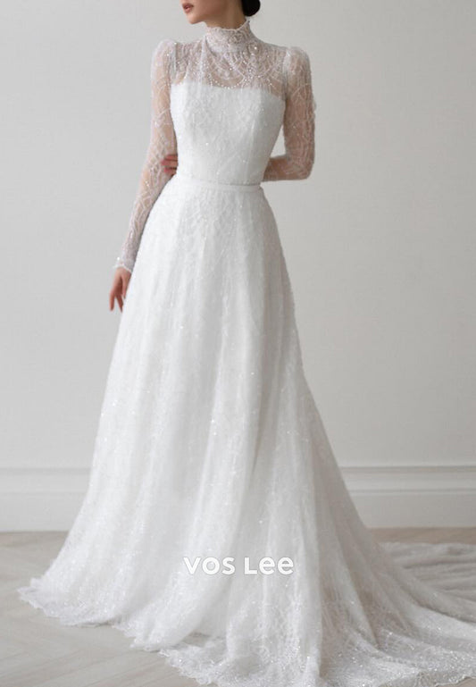 Long Sleeve High Neck Beaded Embellished Wedding Dresses with Court Train