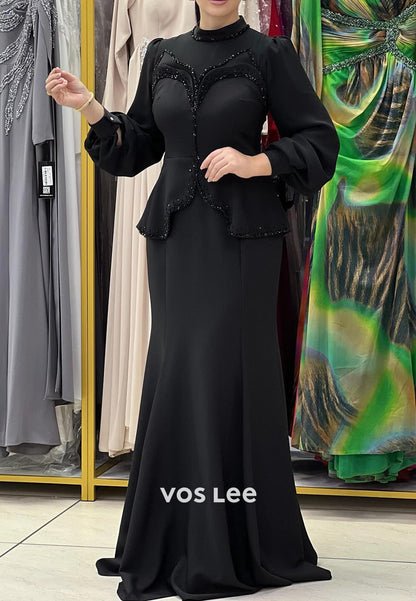 Long Sleeve Scoop Beaded Embellished Floor-Length Mermaid Evening Dresses